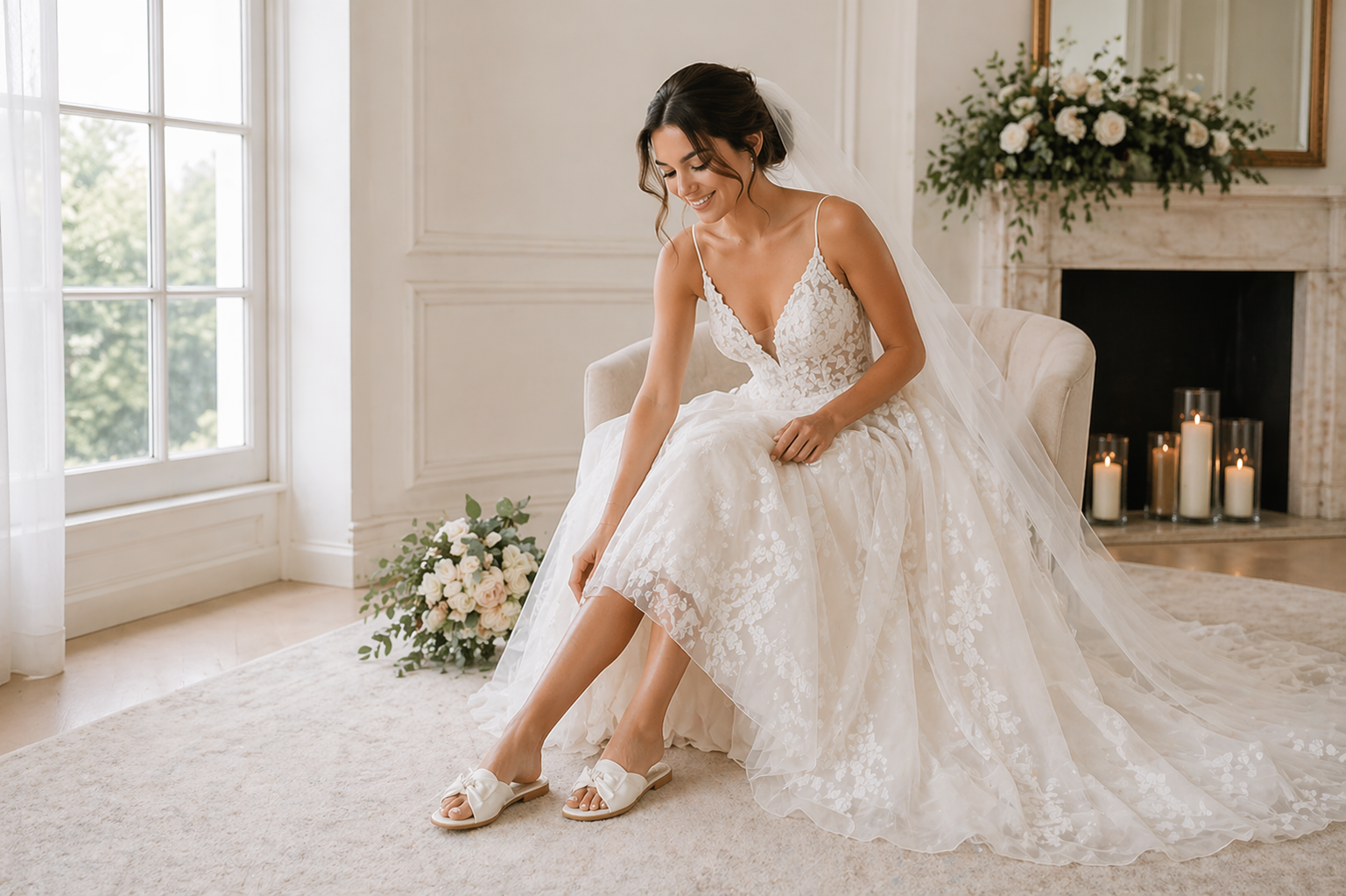 Bride Sitting Wearing Flat Wedding Shoes