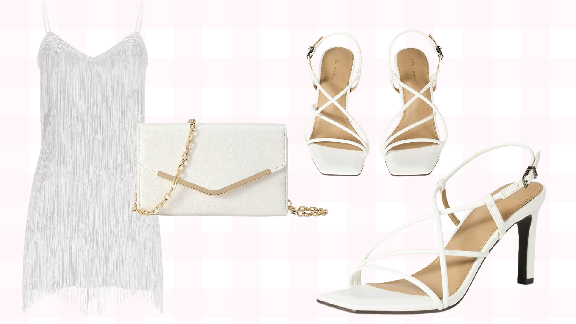Bachelorette Outfit Fashion White Fringe Strappy Heels Clutch